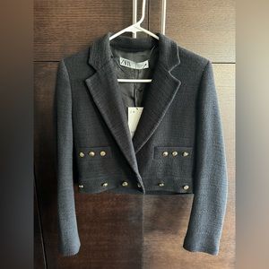 Brand New with tags Zara black cropped top blazer with gold button details. XS